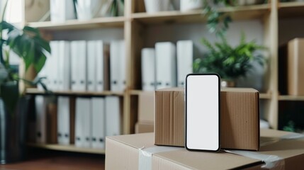 Blank mobile screen, parcel box, owner of online shop