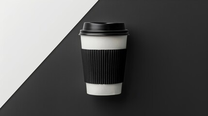 Black coffee cup with white paper wrapper, flat lay design for product packaging