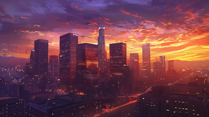 Fototapeta premium Downtown Los Angeles Night Skyline at Sunset, California
