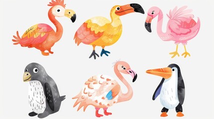 Fototapeta premium A set of cute baby animals including a parrot ostrich flamingo penguin and pelican is depicted in a watercolor style. These flat vector illustrations are isolated on a white background.