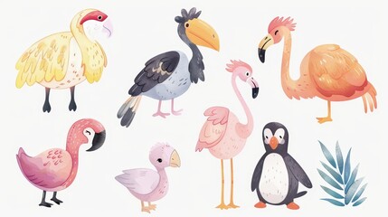 Naklejka premium A set of cute baby animals including a parrot ostrich flamingo penguin and pelican is depicted in a watercolor style. These flat vector illustrations are isolated on a white background.
