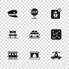 Set Railway tunnel, map, Handcar transportation, Cargo train wagon, Online ticket booking, Train driver hat, Stop sign and Waiting hall icon. Vector