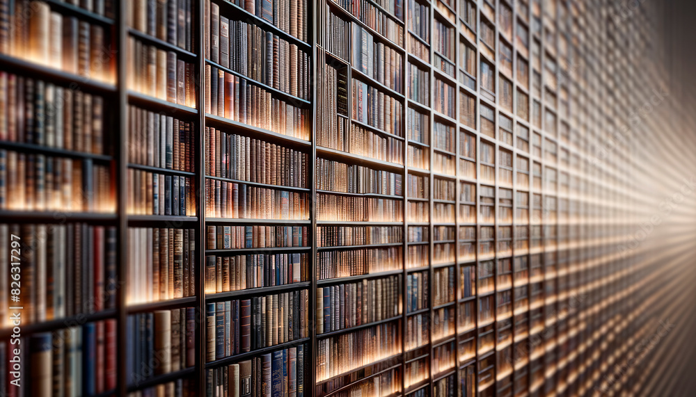 Aufkleber rows of books on shelves with a central perspective, photo on illuminated background, concept of kno