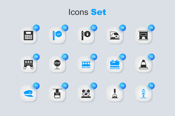 Set Arrow for switching the railway, Stop sign, Toilet, Train driver hat, traffic light, Traffic cone, station board and Passenger train cars icon. Vector