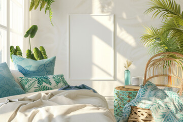 A blank white frame graces a sunlit Bohemian bedroom adorned with cool blue and green accents.