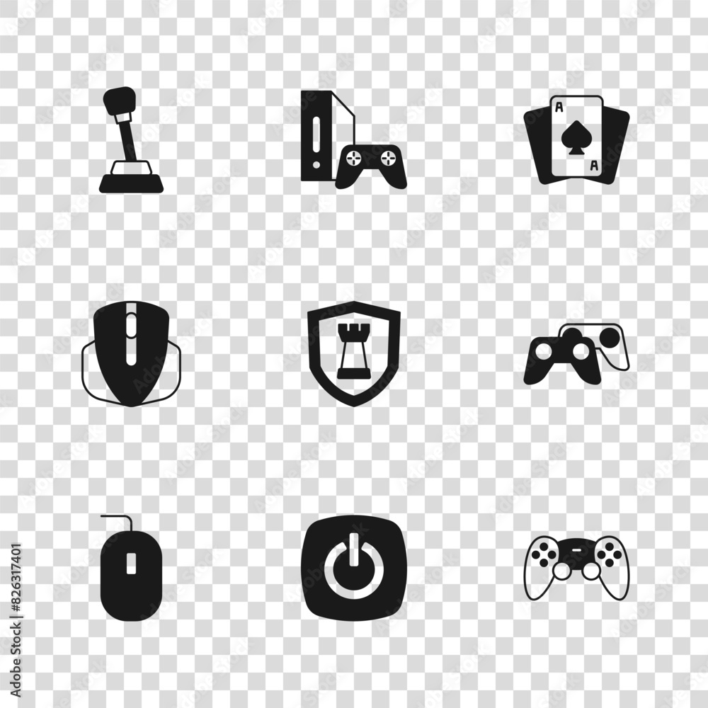 Poster set power button, game controller or joystick, chess shield, playing cards, gear shifter, console wi