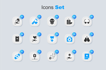 Set Cross hospital medical, Heart with cross, Test tube blood, Smart watch heart, Patient record, Lungs, Blood donation and Ethnoscience icon. Vector