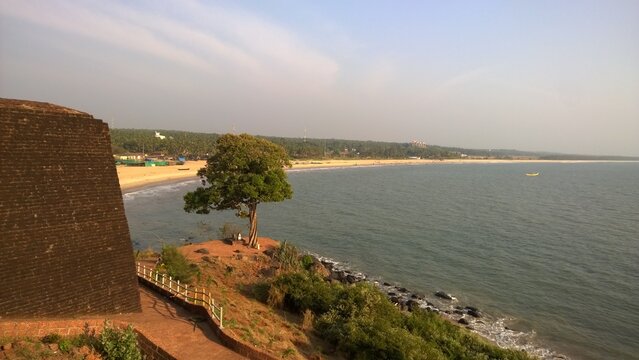 Scenic evening view of Bekal fort cliff overlooking the beach in Kasaragod, Kerala, India