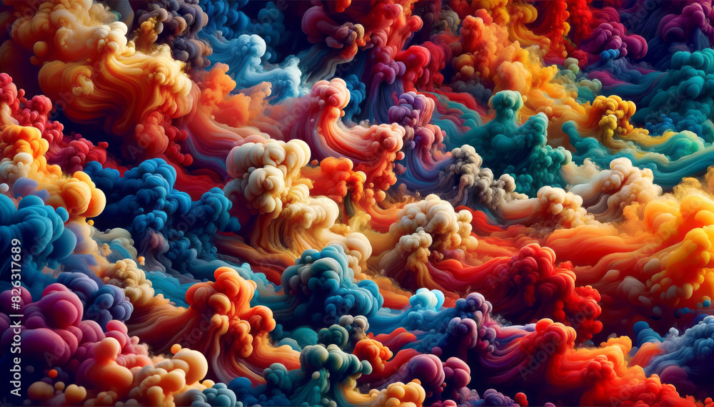 Poster colorful abstract shapes resembling clouds on a vibrant background, digital art, expressing a creati