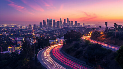 Los Angeles Sunset Cityscape with Light Trails