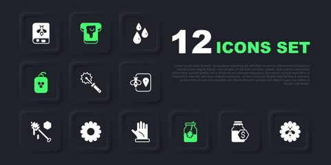 Set Sale in jar of honey, Bee flower, Cutter roll for, Jar and dipper stick, Cosmetic tube with, Flower, Bread and Beekeeper glove icon. Vector