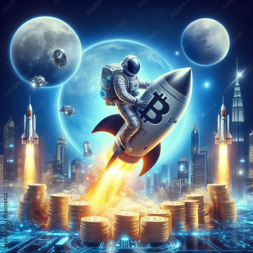Poster a surreal digital art piece featuring an astronaut riding a bitcoin-branded rocket soaring over a fu