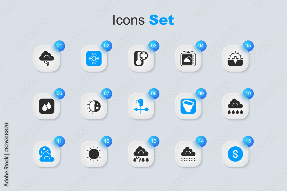 Sticker Set Fog and cloud, Day night cycle, Snowflake, Cloud with moon, Compass south, rain, lightning and Rooster weather vane icon. Vector