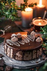 Layer Chocolate biscuit cake with cream on dark wooden background with flowers and candles. Sweets, dessert and pastry, top view, close up