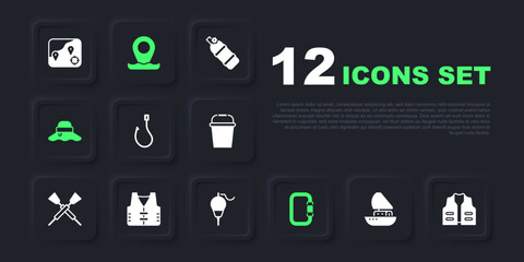 Set Yacht sailboat, Fishing jacket, hook, Carabiner, Fisherman hat, Location fishing and float icon. Vector