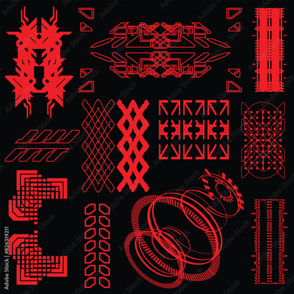 Aufkleber cyberpunk scifi gaming futuristic icon pattern hud ux ui set collection template, 2d illustration re