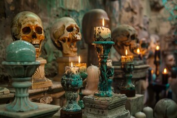 Fototapeta premium Eerie ambiance with candlelit skulls in a dark, mystic setting