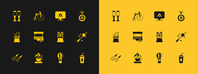 Set Unicycle, Attraction carousel, Magician hat and rabbit ears, Hot air balloon, Fast street food cart, Circus tent, Bowling pin and Vintage bicycle icon. Vector © Iryna