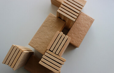 Different Heights Piles Of Same Size Tiles With Bricks Surface Top View Stock Photo
