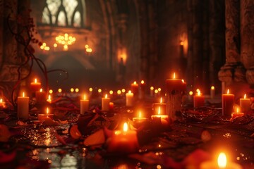 Mystical scene of a candlelit hall adorned with red petals and glowing chandeliers, evoking a magical ambiance