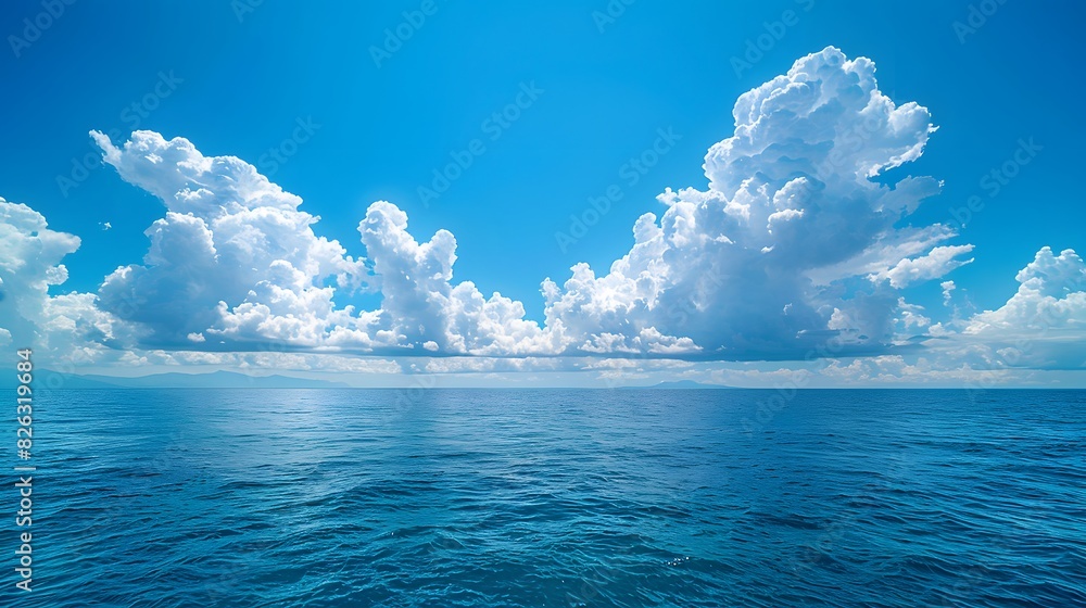 Wall mural blue sky and sea, blue ocean water, white clouds, clear horizon line, beautiful scenery, tranquil at