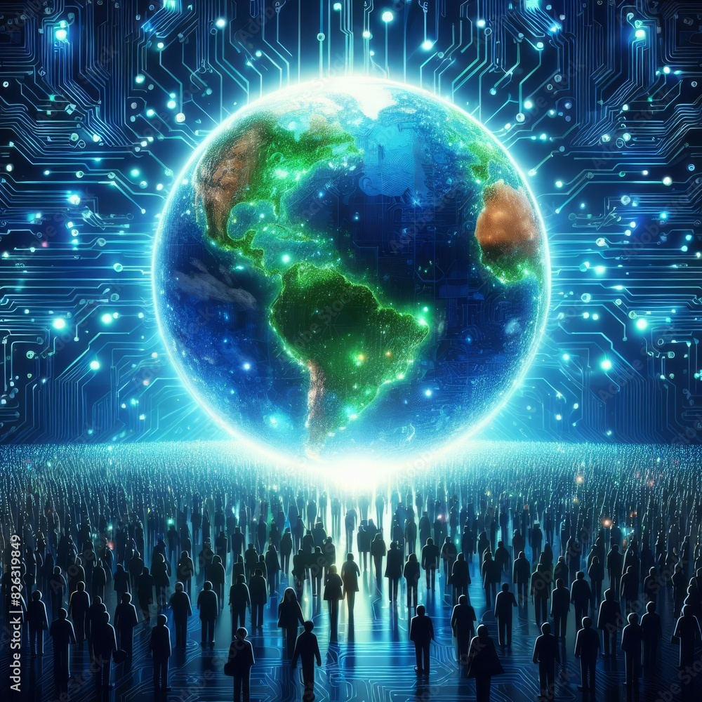 Poster A vibrant digital representation of Earth with countless human figures around it, symbolizing global connectivity and technology.. AI Generation