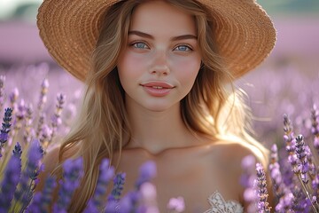 Beautiful young woman portrait in lavender field on summer day. Girl in straw hat on the lavender field on sunset. Girl collect lavender.