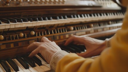 Close up of a person playing an organ. Perfect for music-related designs - Powered by Adobe