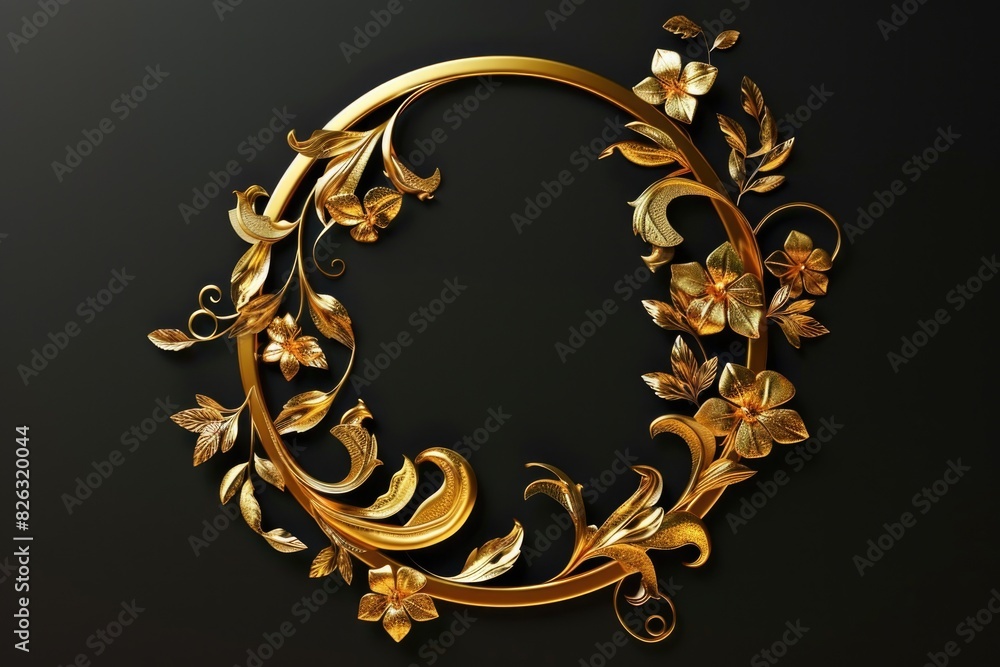 Poster Elegant gold frame with intricate floral and leaf design on a black background. Perfect for adding a touch of sophistication to any project