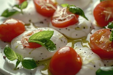 Fresh and delicious caprese salad with tomatoes and mozzarella. Ideal for food and cooking concepts