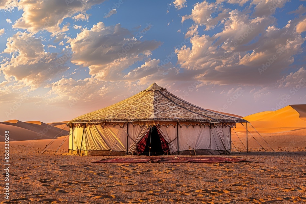 Poster a tent sitting in the middle of a desert. suitable for travel and adventure concepts