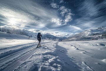 A person cross country skiing in the snow. Suitable for winter sports concept