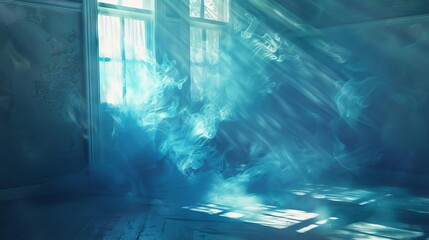 sunlight streaming into room with floating blue smoke abstract digital painting