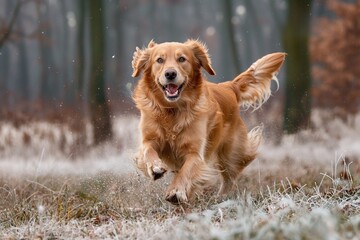 A lively golden retriever dog is captured dashing towards the camera across a lush green lawn. The...