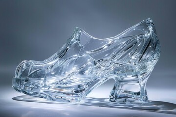 Elegant crystal clear glass slipper on a smooth grey background, symbolizing fairy tales and luxury