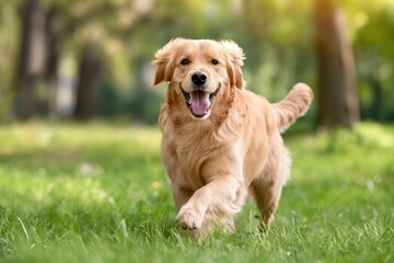 A lively golden retriever dog is captured dashing towards the camera across a lush green lawn. The dog's expression reveals a sense of excitement and exuberance.