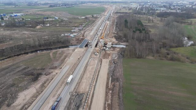 Drone footage of the construction site with the equipment for the road A5 expansion project