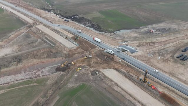 Drone of the construction site with the equipment for the road A5 expansion project in Lithuania