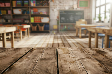 Fototapeta premium A wooden desk in the foreground with a blurred background of a classroom. The background features student desks, a chalkboard or whiteboard, educational posters on the walls, and shelves.