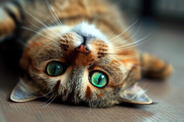 A cat with striking green eyes resting on the floor, suitable for various pet-related designs - Powered by Adobe