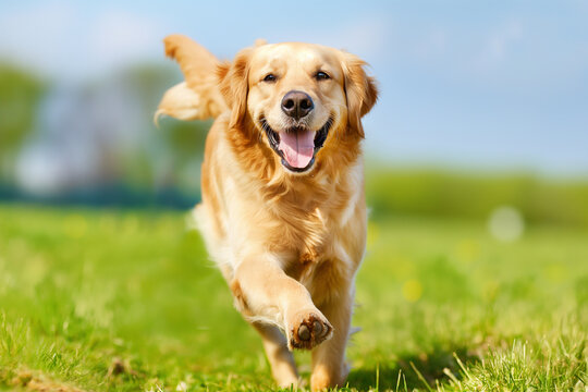 A lively golden retriever dog is captured dashing towards the camera across a lush green lawn. The dog's expression reveals a sense of excitement and exuberance.
