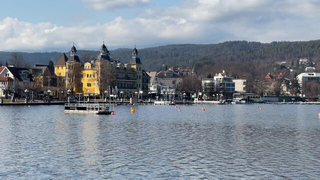 Shot of the Falkensteiner Hotel on Lake Worthersee in Velden, Austria.