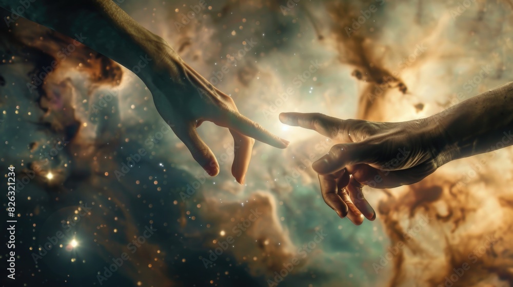 Poster Two hands reaching out towards each other. Suitable for concepts of connection and support
