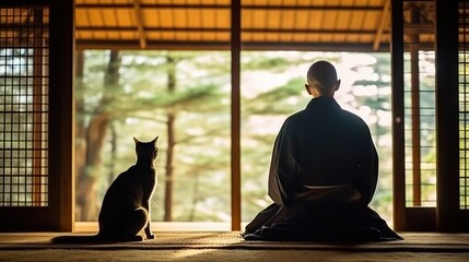 A monk and a cat sit side by side in a traditional Japanese room overlooking a tranquil garden, symbolizing serenity and companionship - Powered by Adobe