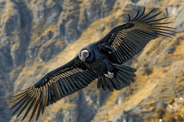 Naklejka premium A majestic black bird soaring over a rugged mountain landscape. Perfect for nature and wildlife themes