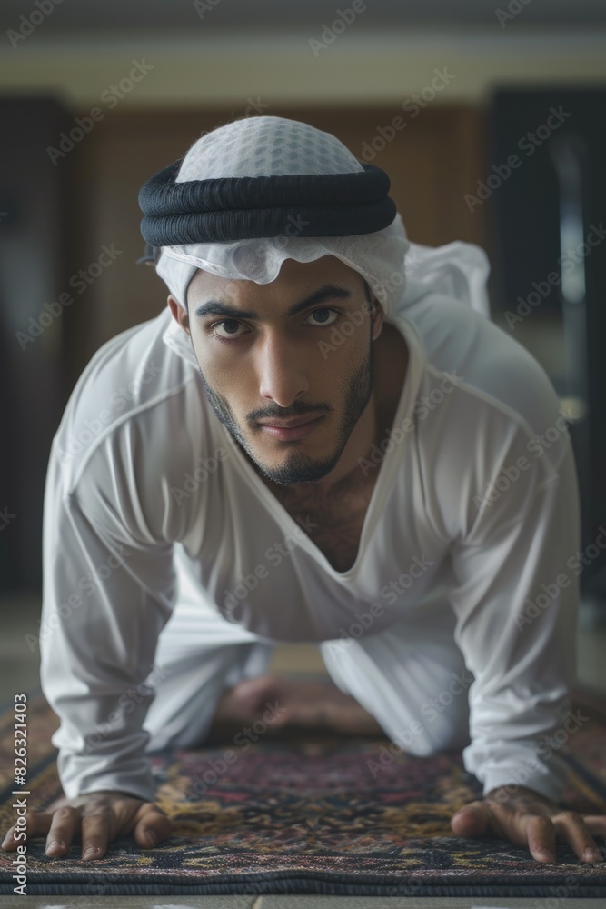 Poster a man in a white shirt performing a push up on a rug. suitable for fitness and exercise concepts