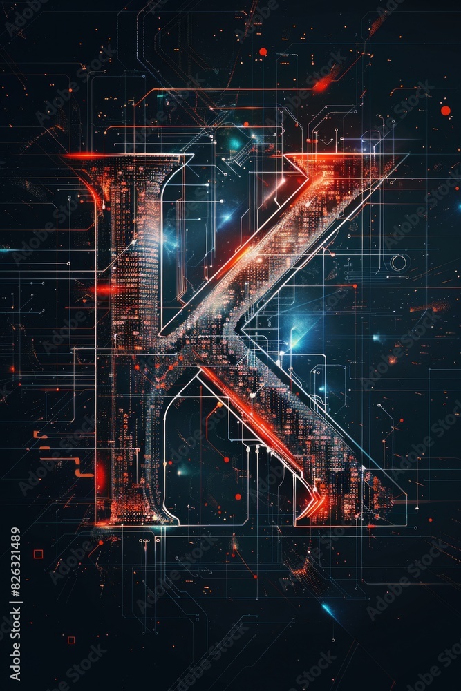 Poster image of the letter k enclosed by geometric lines and dots, suitable for graphic design projects