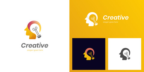 Brain think with bulb creative logo icon design, people head with lightbulb graphic element symbol for research man logo, brainstorm vector logo template