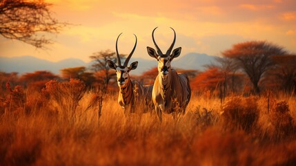 A wildlife scene with two elegant antelopes standing amidst a striking savanna landscape during a vibrant sunset