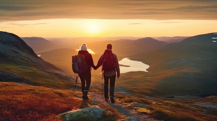 A back view of a couple holding hands while hiking in the mountains during sunset, with a beautiful overlook of a valley and lake - Powered by Adobe